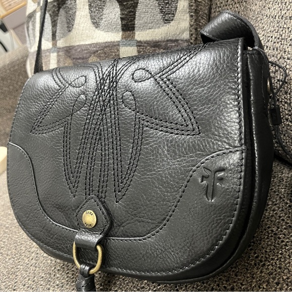 FRYE Charlene Embroidered Small Saddle Black Genuine Leather Crossbody Bag - Picture 7 of 7